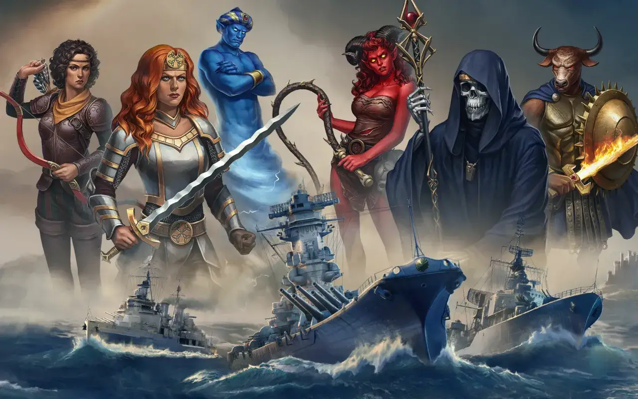 Groźny dżin, demonica, śmierć i minotaur stoją nad okrętami wojennymi. To epicki **duel of champions** na morzu.