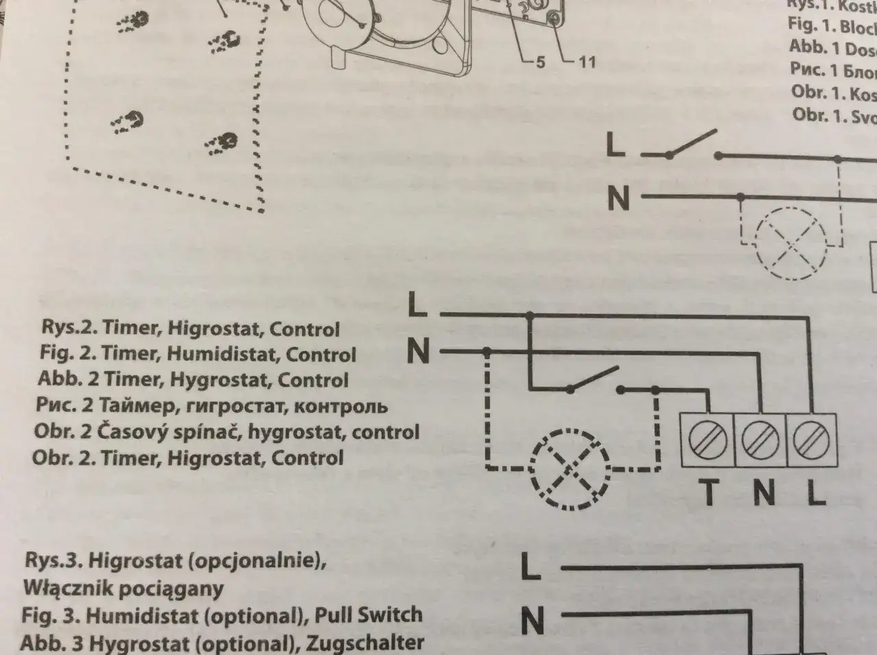 Schemat pokazuje, jak podłączyć wentylator łazienkowy do oświetlenia, wykorzystując timer lub higrostat.