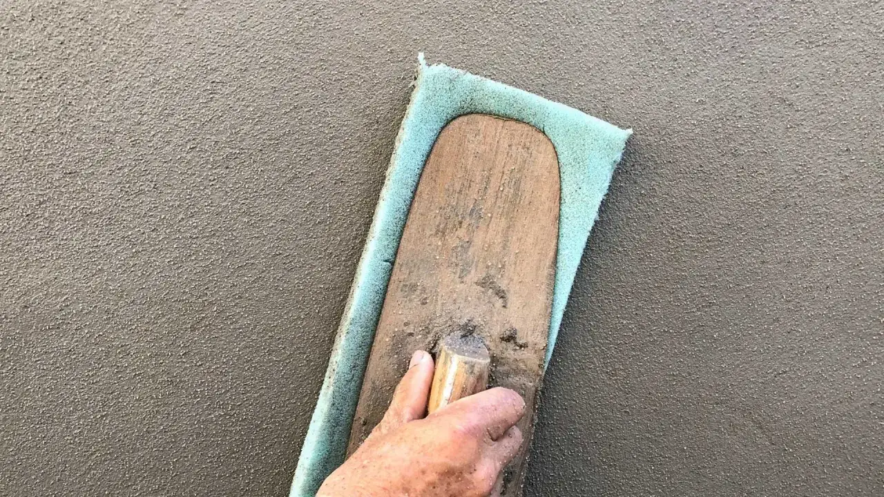Main d'un maçon travaillant sur un mur en siporex extérieur avec une taloche éponge.