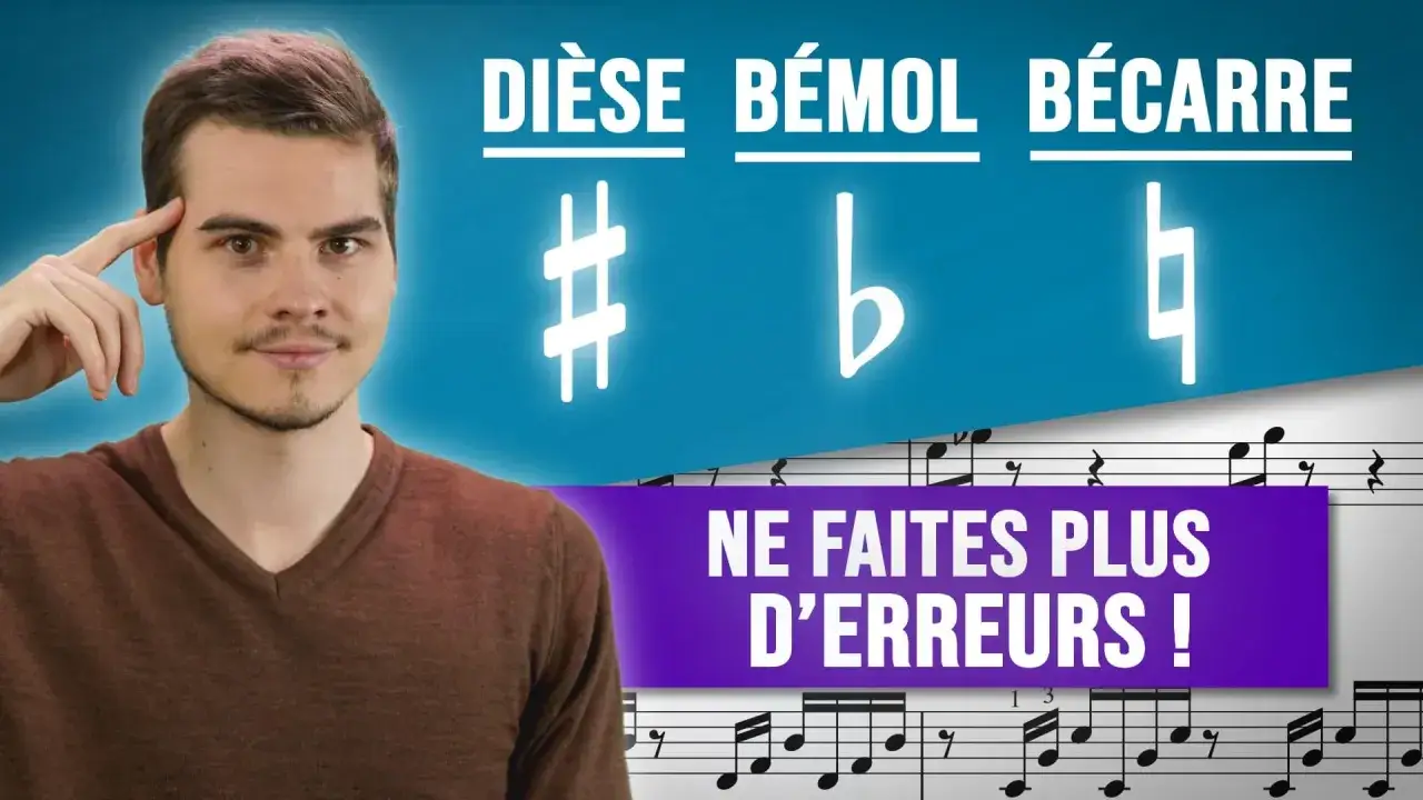Un jeune homme pense à la musique, avec les symboles dièse, bémol et bécarre. Le sol bémol est une note importante.