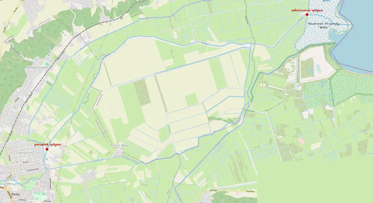 Mapa tras spływów kajakowych rzeką Redą