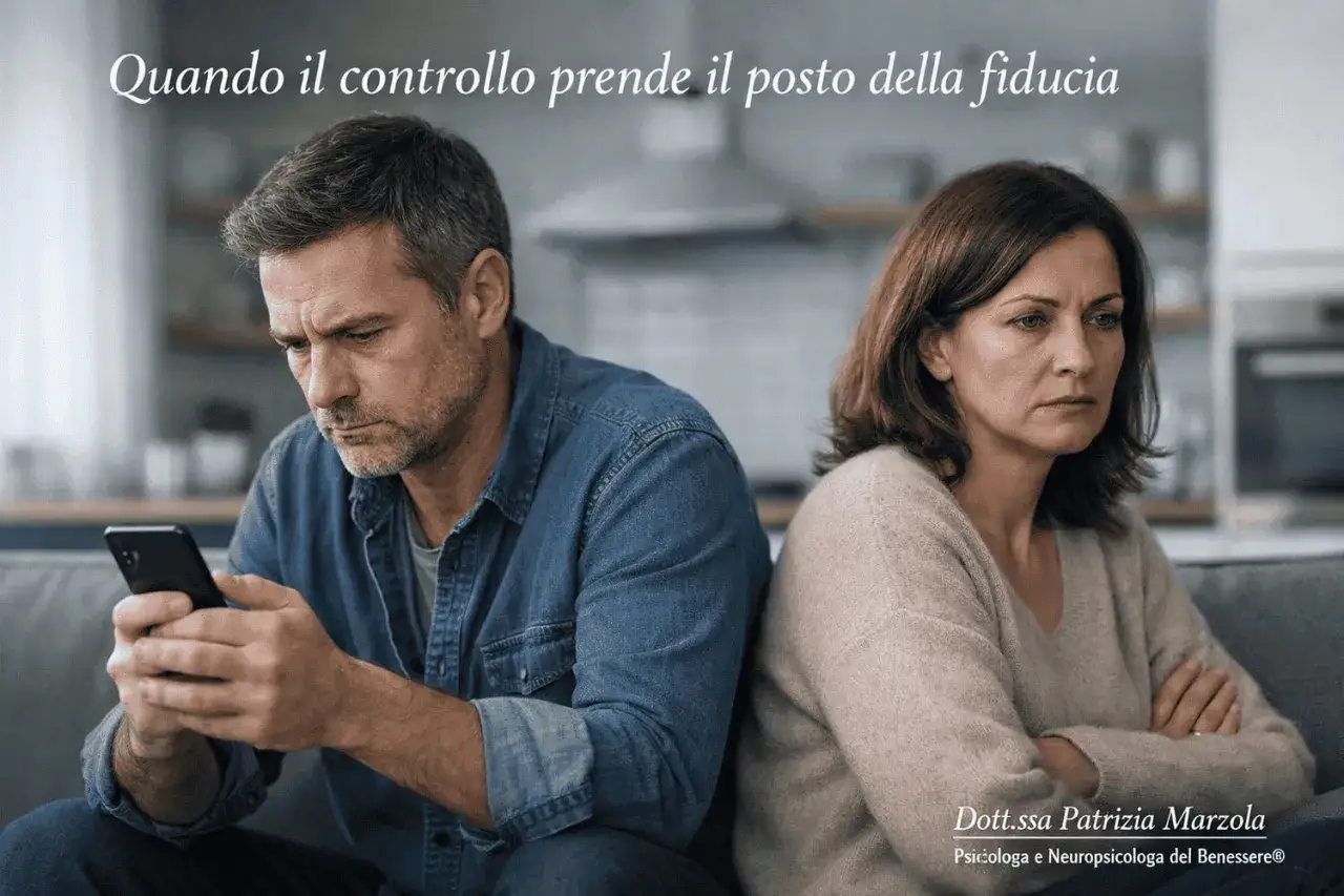 Coppia seduta schiena contro schiena, lui al telefono, lei con le braccia conserte. Lui non si fida di me senza motivo, il controllo ha preso il posto della fiducia.