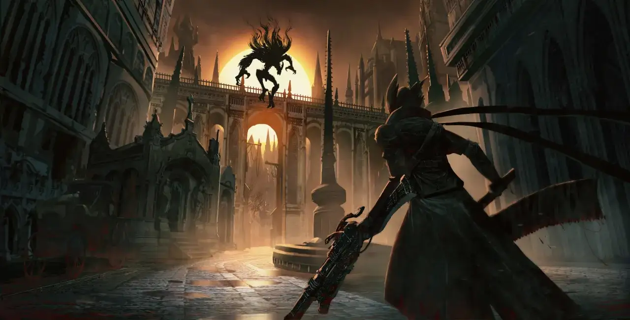 Un cazador se enfrenta a una criatura demoníaca bajo un sol anaranjado, en una ciudad gótica. La escena evoca la atmósfera de Bloodborne en PC.