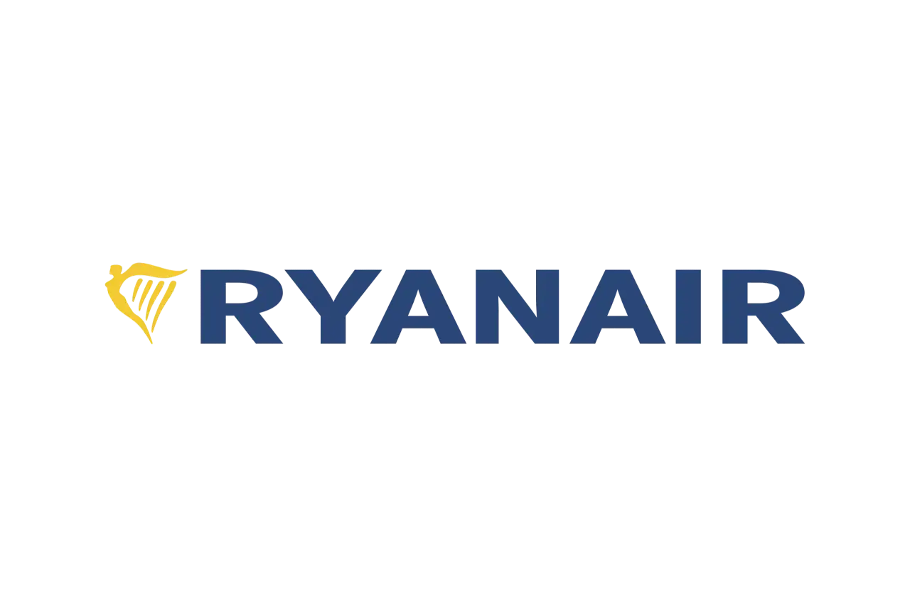 Logo Ryanair en bleu et jaune. Une harpe dorée à gauche, suivie du nom 