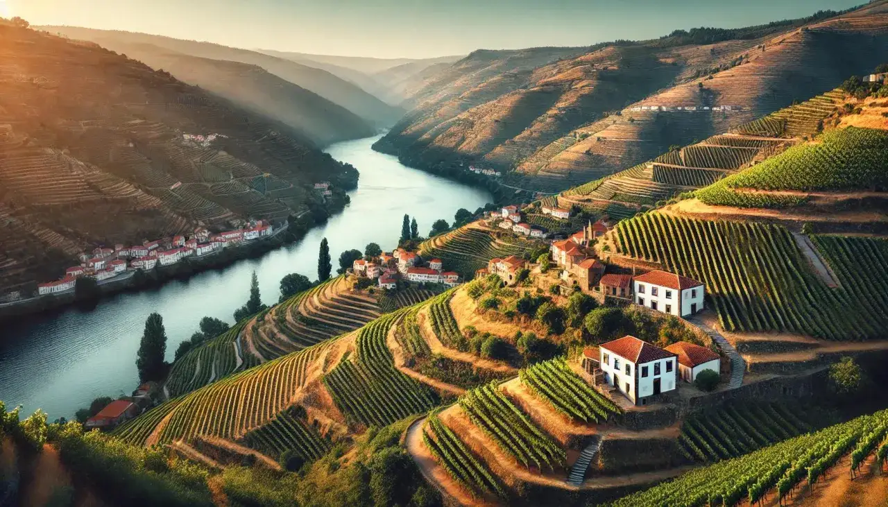 Terrassierte Weinberge am Douro-Fluss, wo die Traube Touriga Franca f&uuml;r erstklassigen Portwein reift. Malerische D&ouml;rfer schmiegen sich an die H&auml;nge.