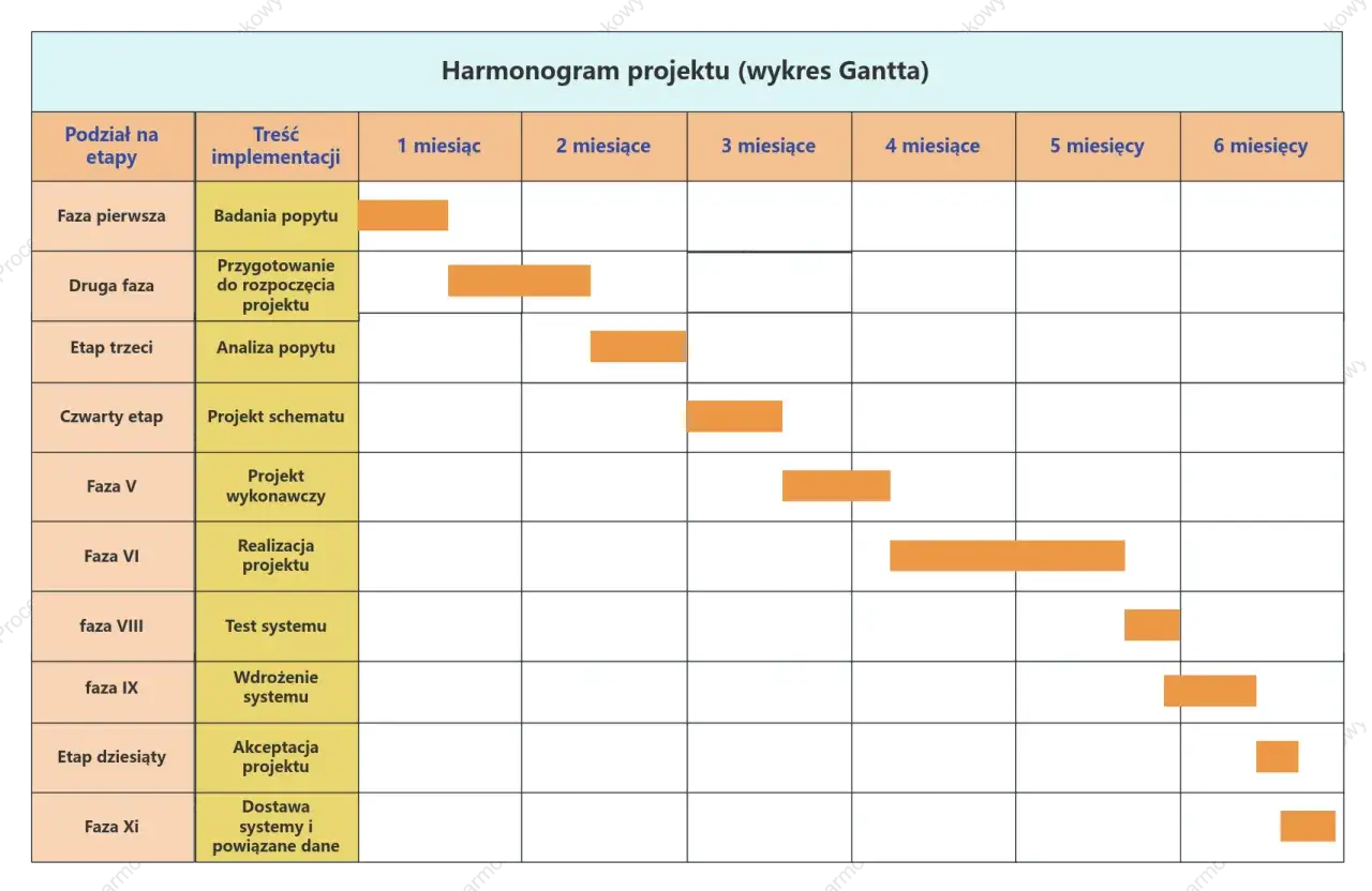 Harmonogram projektu pokazuje plan organizacji prac od badań popytu po dostawę systemu.