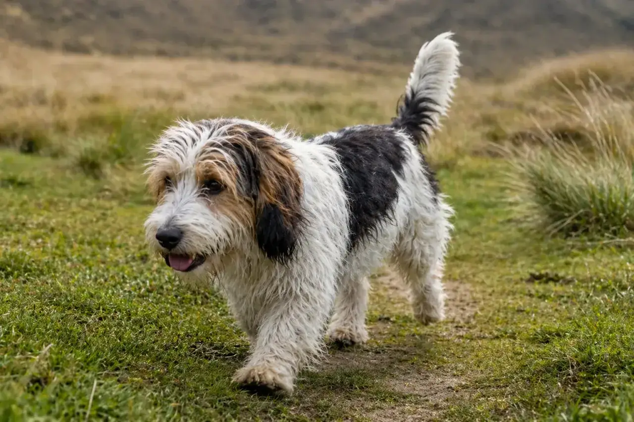 Un petit basset griffon vend&eacute;en, au poil &eacute;bouriff&eacute; et tricolore, trotte joyeusement sur un sentier herbeux.