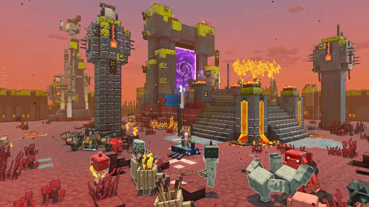 W świecie Minecraft Legends, bohaterowie walczą z inwazją Piglinów przy monumentalnym portalu.
