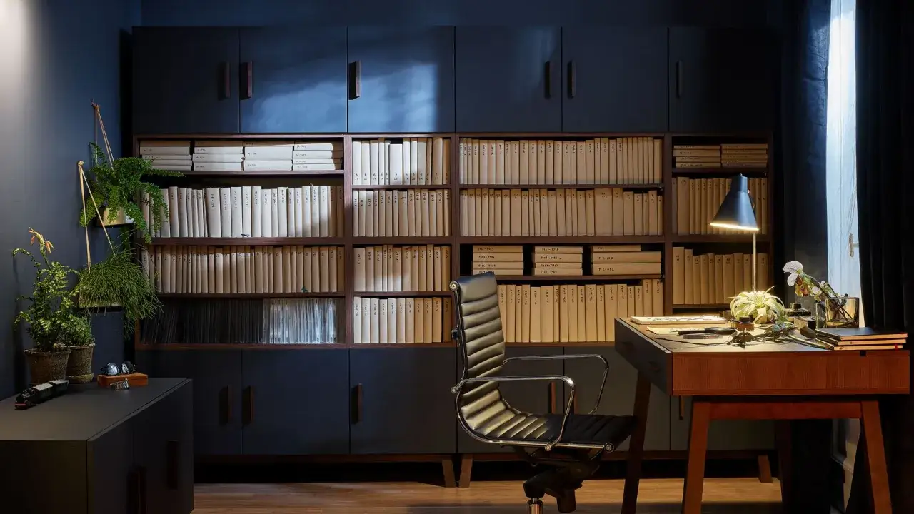 Elegancka biblioteczka z segregatorami i dokumentami, idealna do przechowywania.