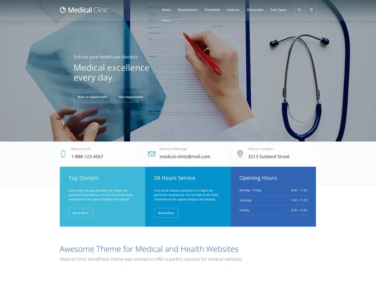 Site web santé moderne avec stéthoscope et radiographie. Idéal pour la création site web santé.