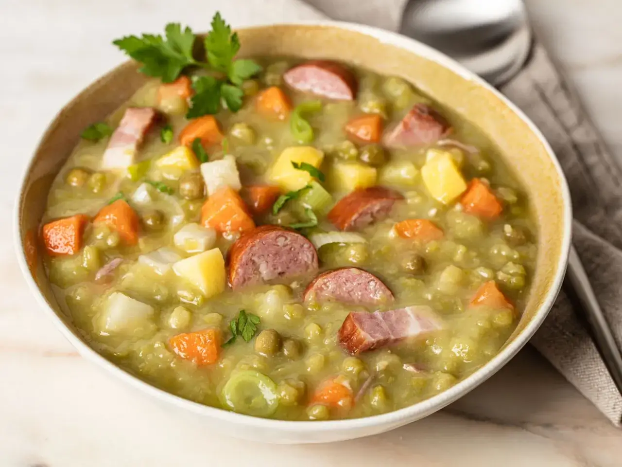 Herzhaftes Erbsensuppe Rezept mit W&uuml;rstchen, Speck, Karotten und Kartoffeln. Ein Klassiker, der w&auml;rmt.