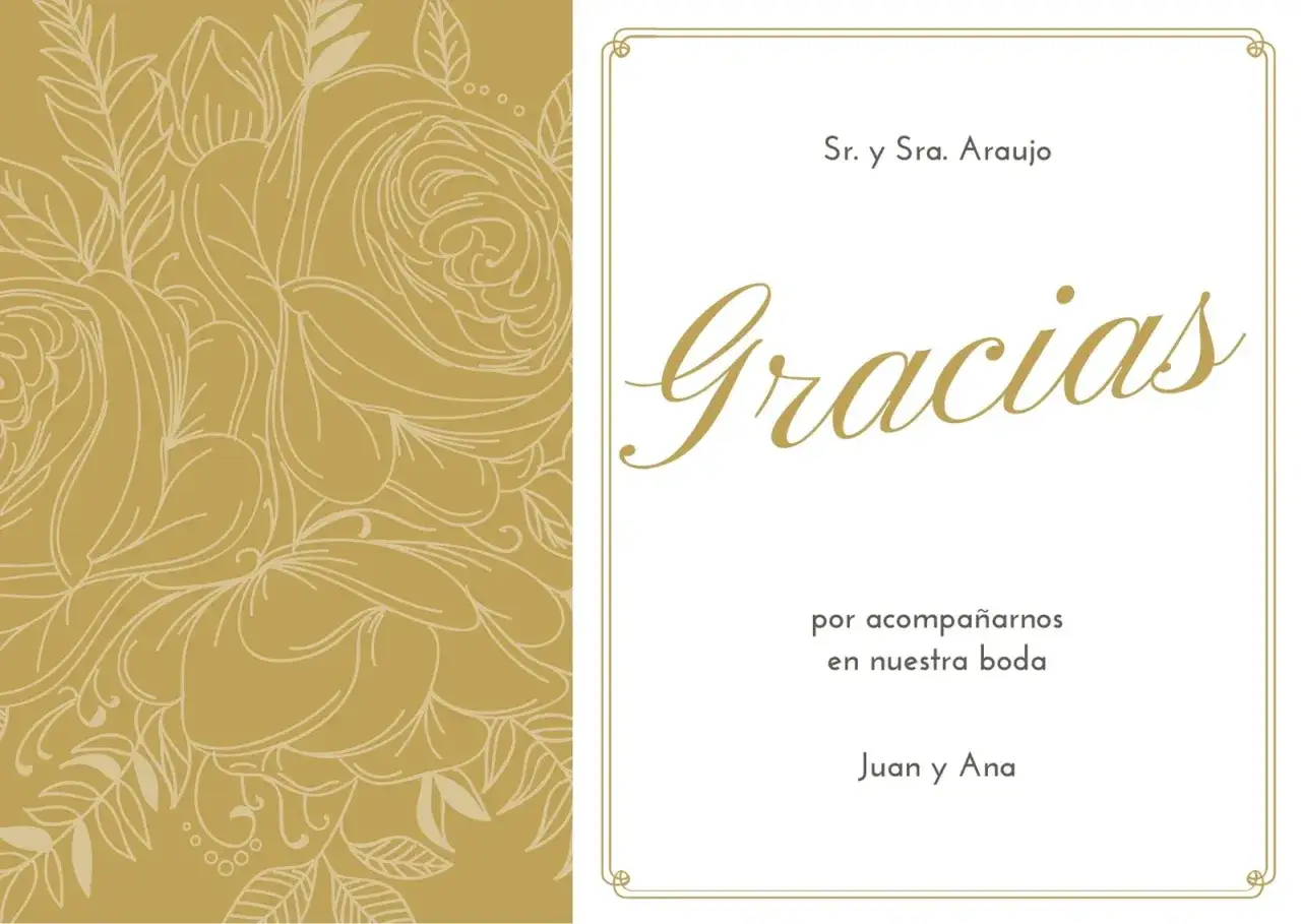Tarjeta de agradecimiento a los novios por la boda, con flores doradas y el mensaje 