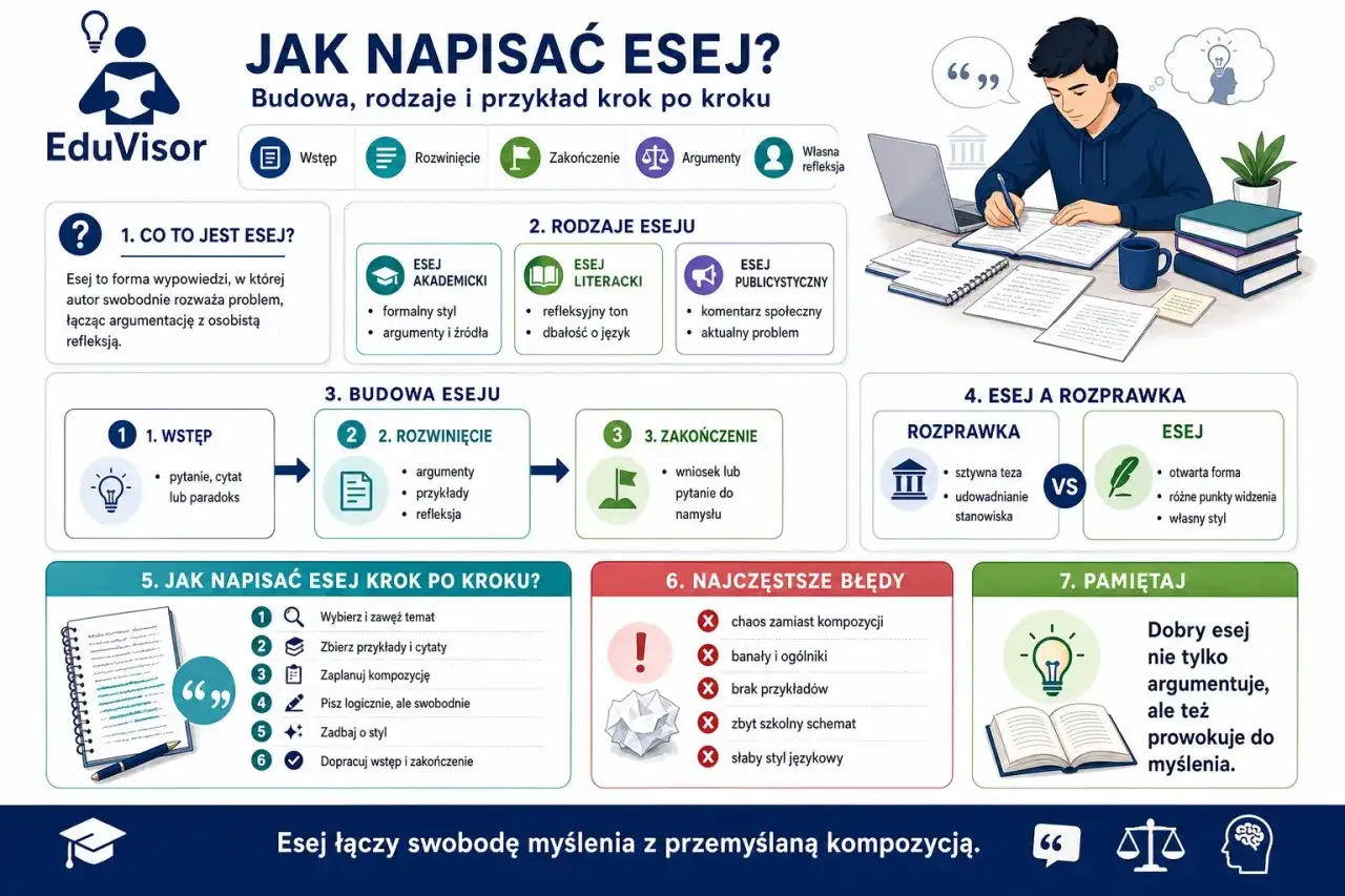 Grafika wyjaśnia, jak napisać esej, porównując go z rozprawką. Omawia budowę, rodzaje i najczęstsze błędy.
