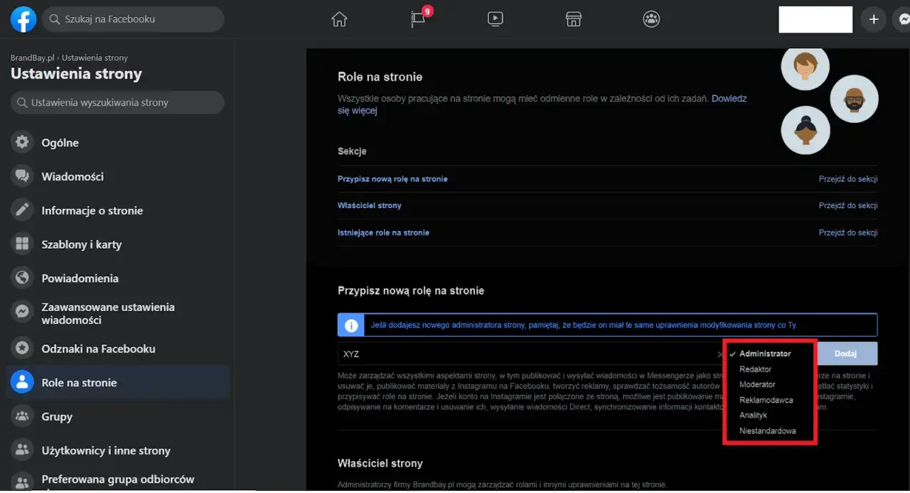 Ustawienia strony na Facebooku: jak usunąć się z administratora strony. Widok panelu z rolami na stronie, gdzie zaznaczono opcję Administrator.