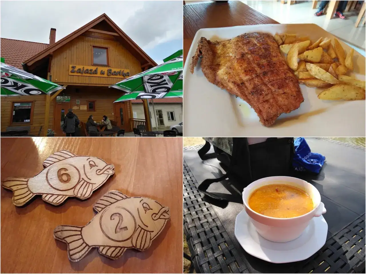 Drewniany zajazd u Bartka, obok zielone parasole. Na talerzu panierowany kotlet z frytkami. Drewniane rybki z numerami 2 i 6. Miseczka z zupą.