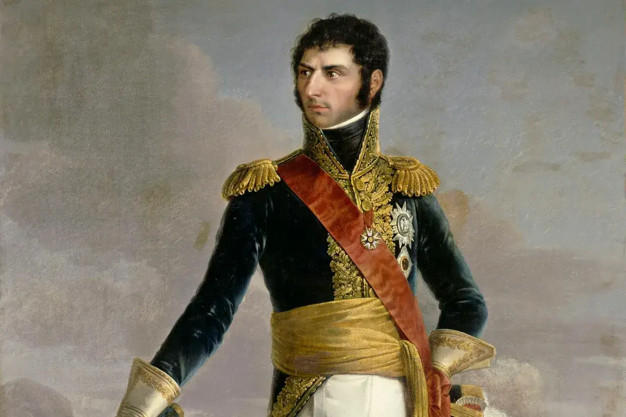 Portr&auml;tt av Karl XIV Johan, en man i milit&auml;runiform med r&ouml;d sash och gulddekorationer. Bernadotte ort.