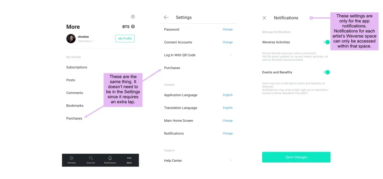 Ekran aplikacji Weverse z ustawieniami powiadomień. Nie ma tu informacji, czy Weverse jest płatne.