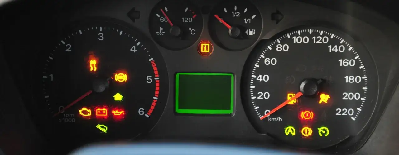 Armaturenbrett mit leuchtenden Warnleuchten: ABS, Airbag, Öl, Batterie, ESP und das **check engine** Lämpchen.