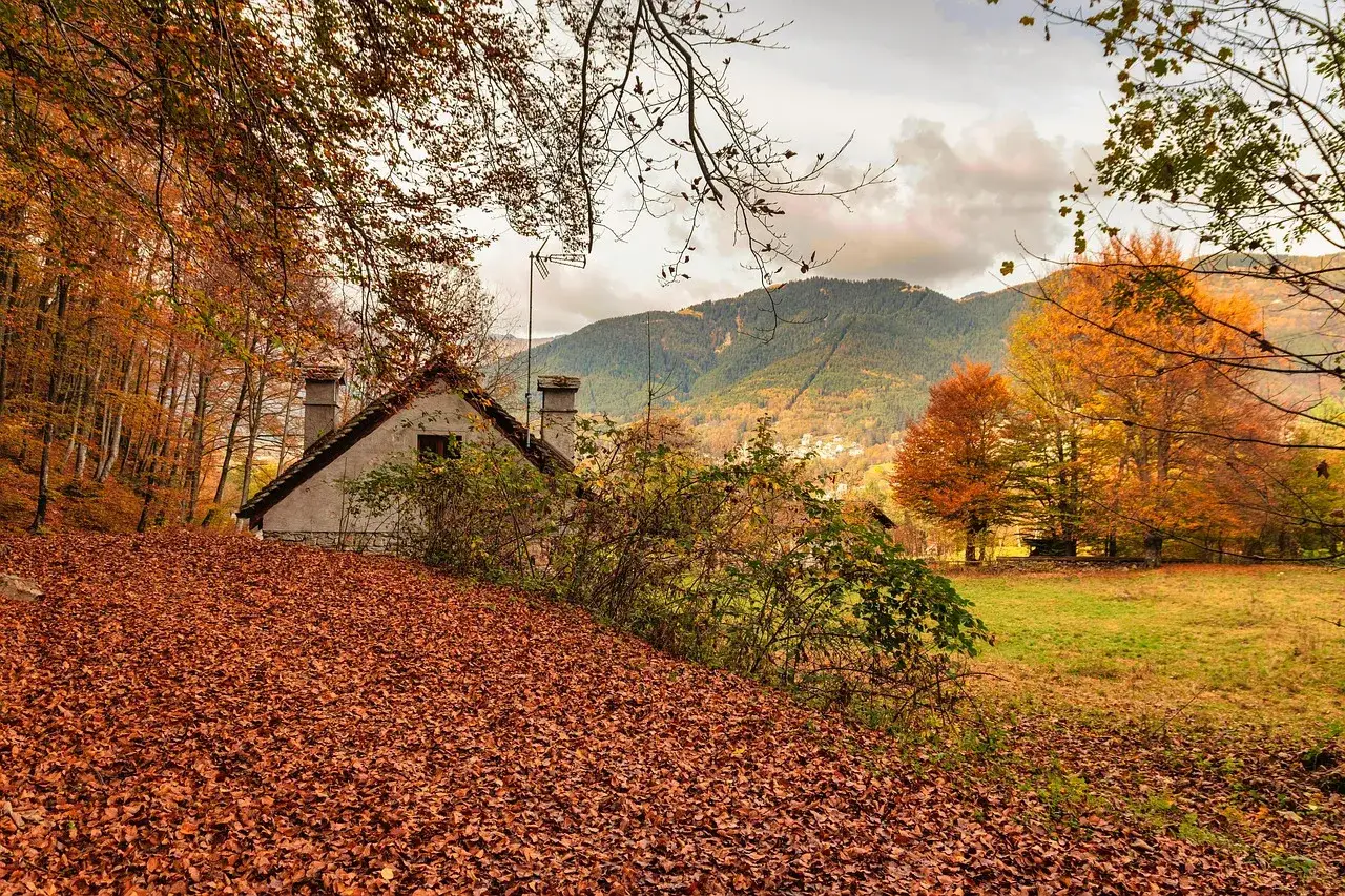 Un casolare immerso in splendidi paesaggi autunnali italiani, con un tappeto di foglie rosse e alberi dai colori caldi che incorniciano le montagne.