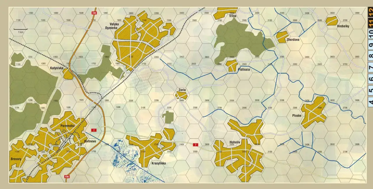 Mapa taktyczna z polami heksagonalnymi, drogami, rzekami i nazwami miejscowości. Idealna do gier strategicznych.
