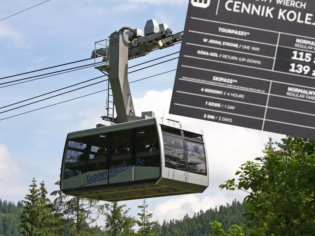 Kolejka linowa na Kasprowy Wierch z widocznym cennikiem skipass.