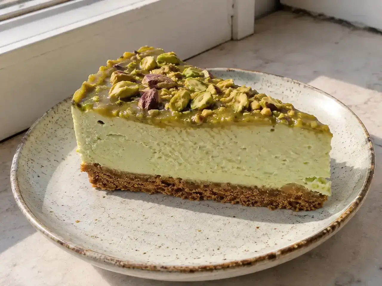 En krämig no bake cheesecake med pistagetäcke och nötter på en kexbotten, serverad på en rustik tallrik.