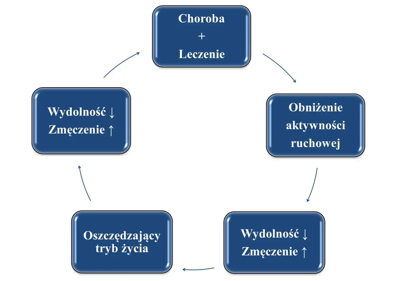 Cykl objawów neurastenii: choroba i leczenie prowadzą do obniżenia aktywności, co skutkuje spadkiem wydolności i wzrostem zmęczenia, wymuszając oszczędzający tryb życia.