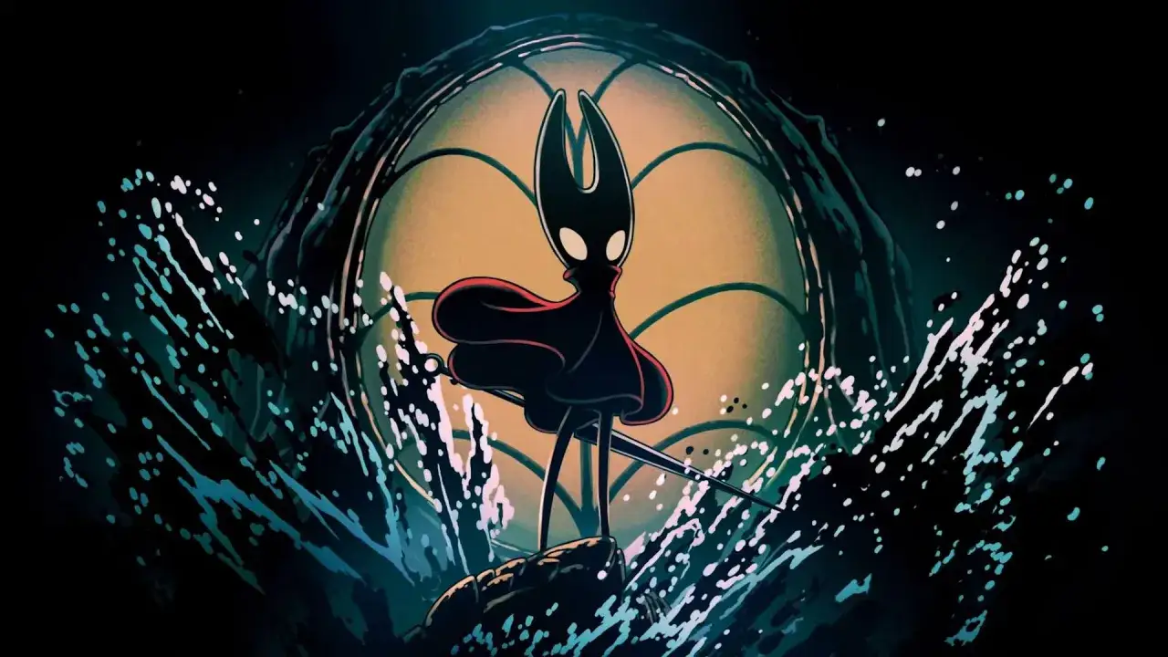 Hornet, con su capa roja y aguja, se alza sobre una roca rodeada de salpicaduras de agua. El fondo evoca la atm&oacute;sfera de Silksong DLC.