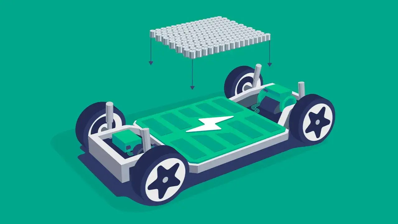 Schema di un telaio di auto elettrica con un pacco di batterie in fase di assemblaggio. Le batterie macchine elettriche sono il cuore pulsante della mobilità sostenibile.