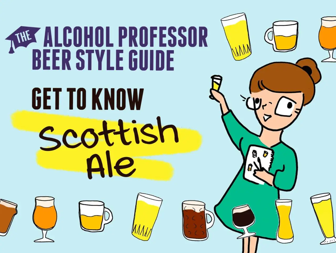 Guide des bières : découvrez la bière écossaise ! Une illustration colorée avec des verres de bière et une personne qui prend des notes.