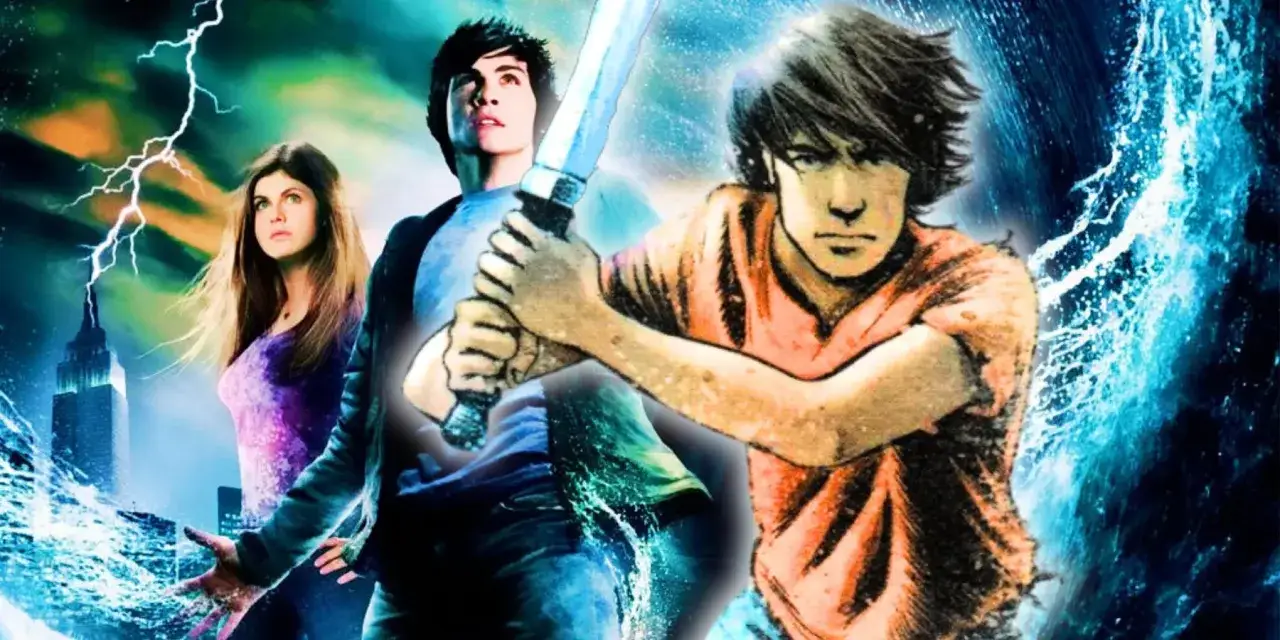 Percy Jackson 3: Bohaterowie stają do walki z żywiołami. W tle burza i Nowy Jork.