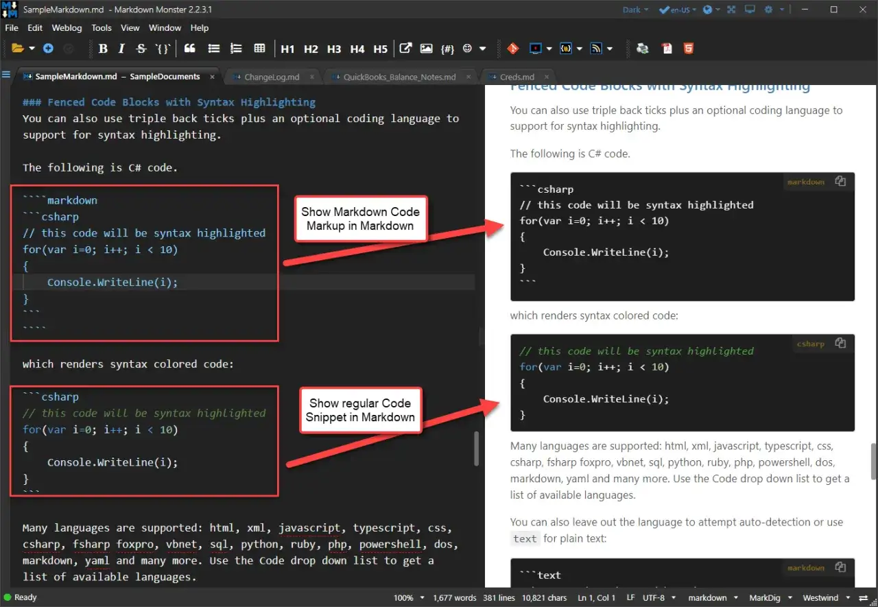 Exemple de **code markdown** montrant des blocs de code C# avec coloration syntaxique.
