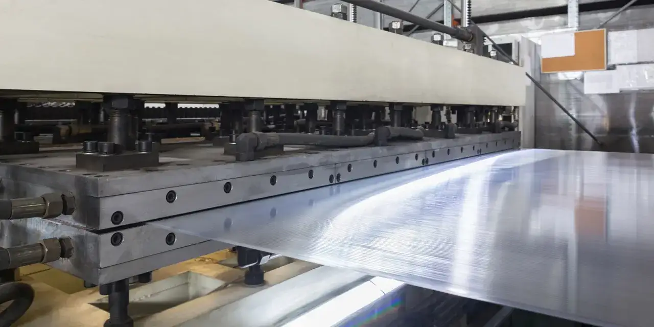 A machine extrudes a clear, ribbed sheet, revealing what plexiglass is made out of.