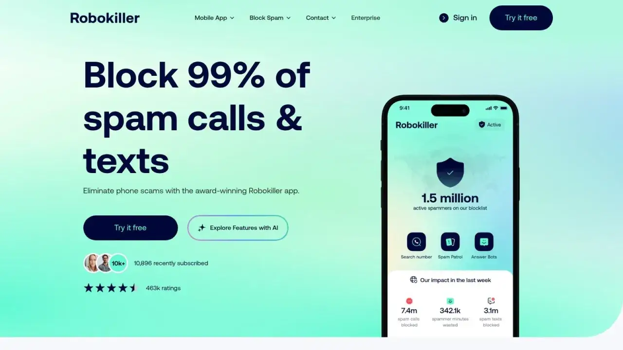Robokiller hilft, 99% unerwünschter Anrufe und SMS zu blockieren. Die App schützt vor Spam und Betrug.