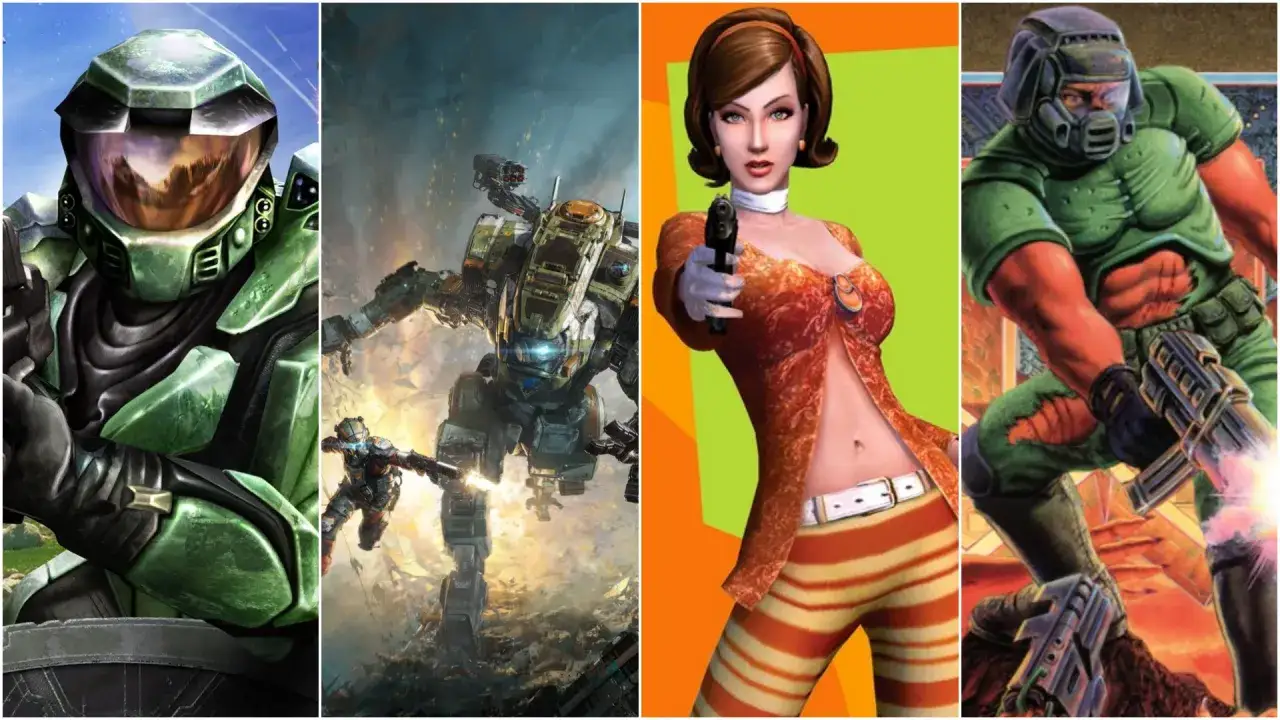 Kolaż postaci z gier: zielony wojownik w zbroi, pilot mecha, kobieta z pistoletem, Doomguy. Klasyczna strzelanka pierwszoosobowa w akcji.