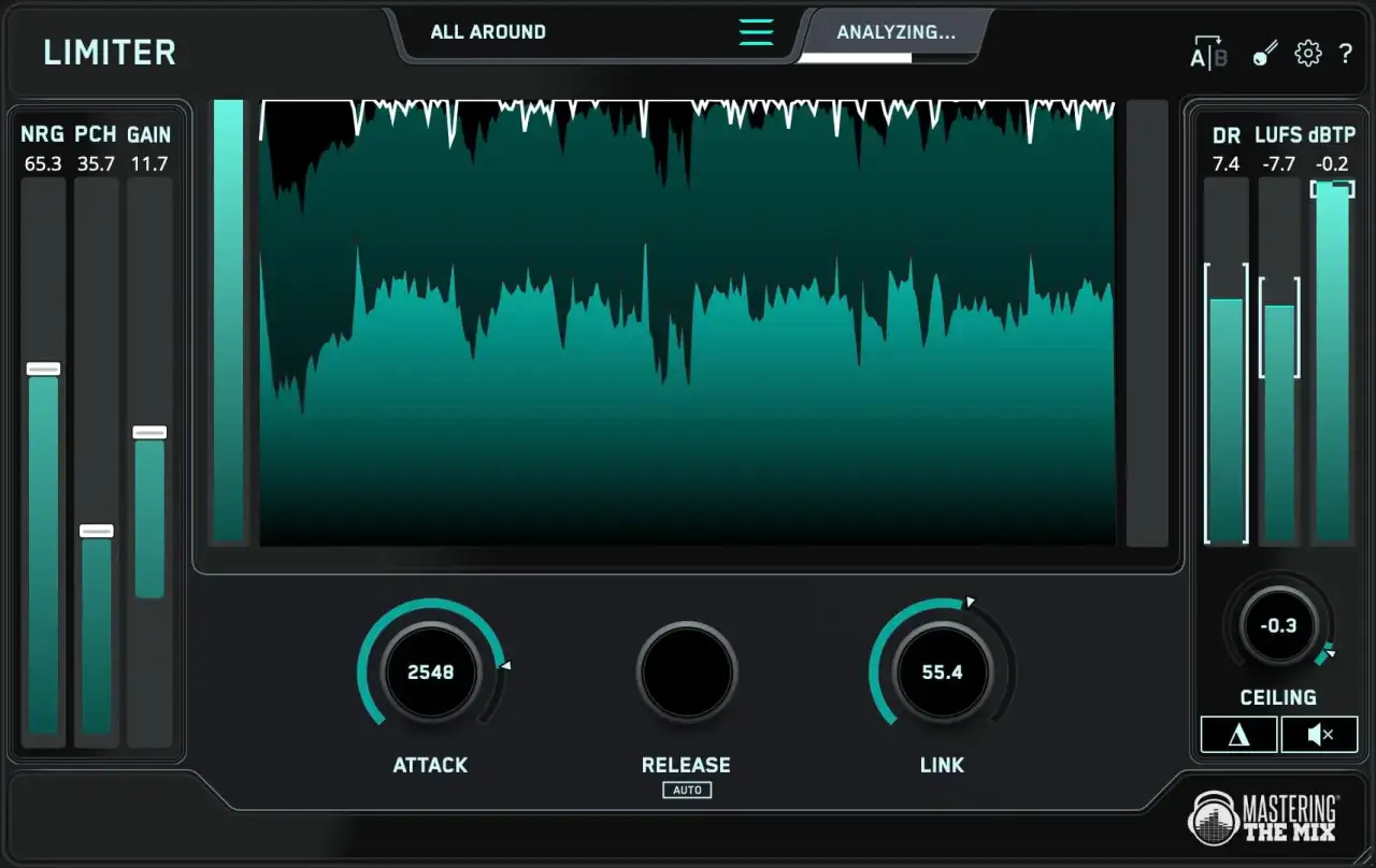 Interface de mastering audio avec analyse de signal. Le limiteur est en cours d'ajustement pour un son parfait.