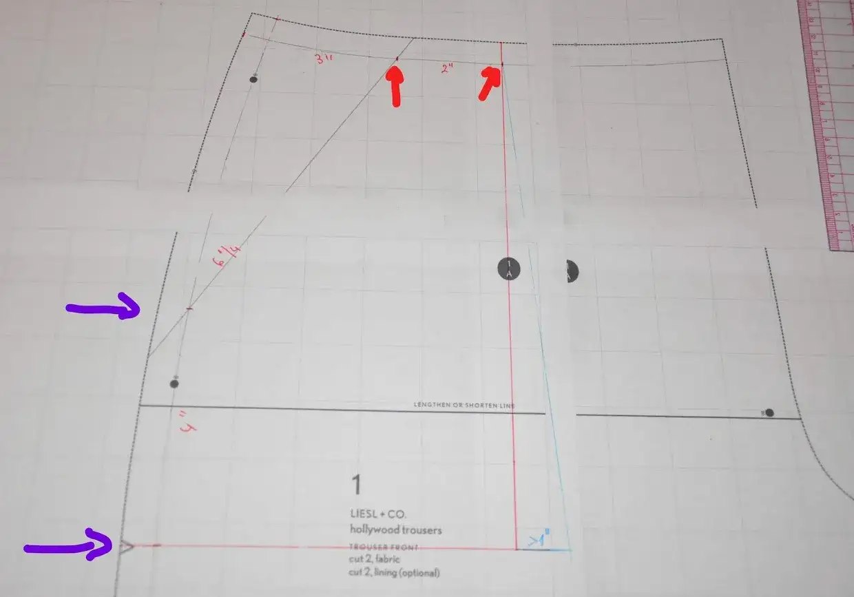 Sewing pattern for Hollywood trousers, showing different types of pockets on pants. Red arrows indicate pocket placement.