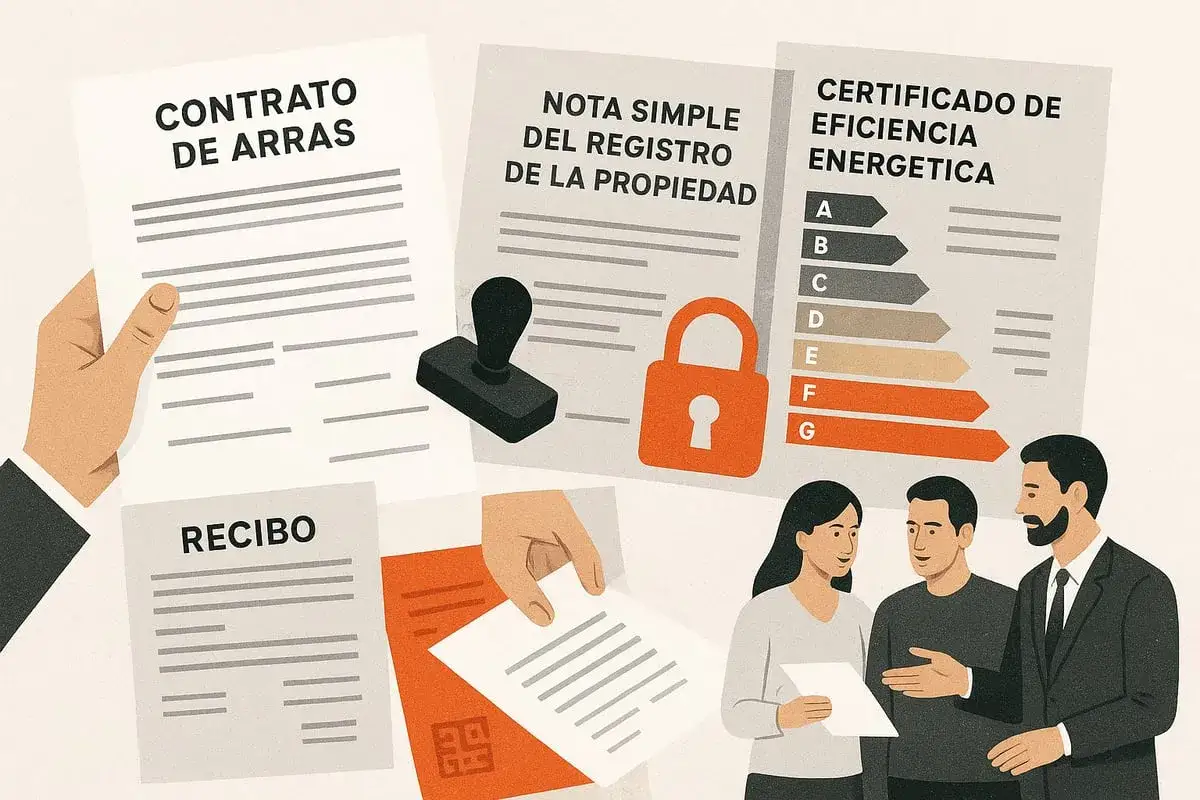 Ilustración de los pasos para comprar una casa: contrato, nota simple, certificado energético, recibo y personas discutiendo documentos.