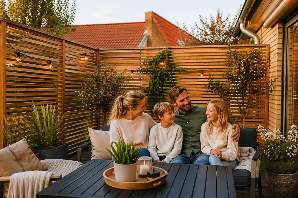 Familj njuter av kv&auml;llen p&aring; altanen bakom ett insynsskydd av ribbor. Vackert tr&auml; och mysig belysning skapar en inbjudande atmosf&auml;r.