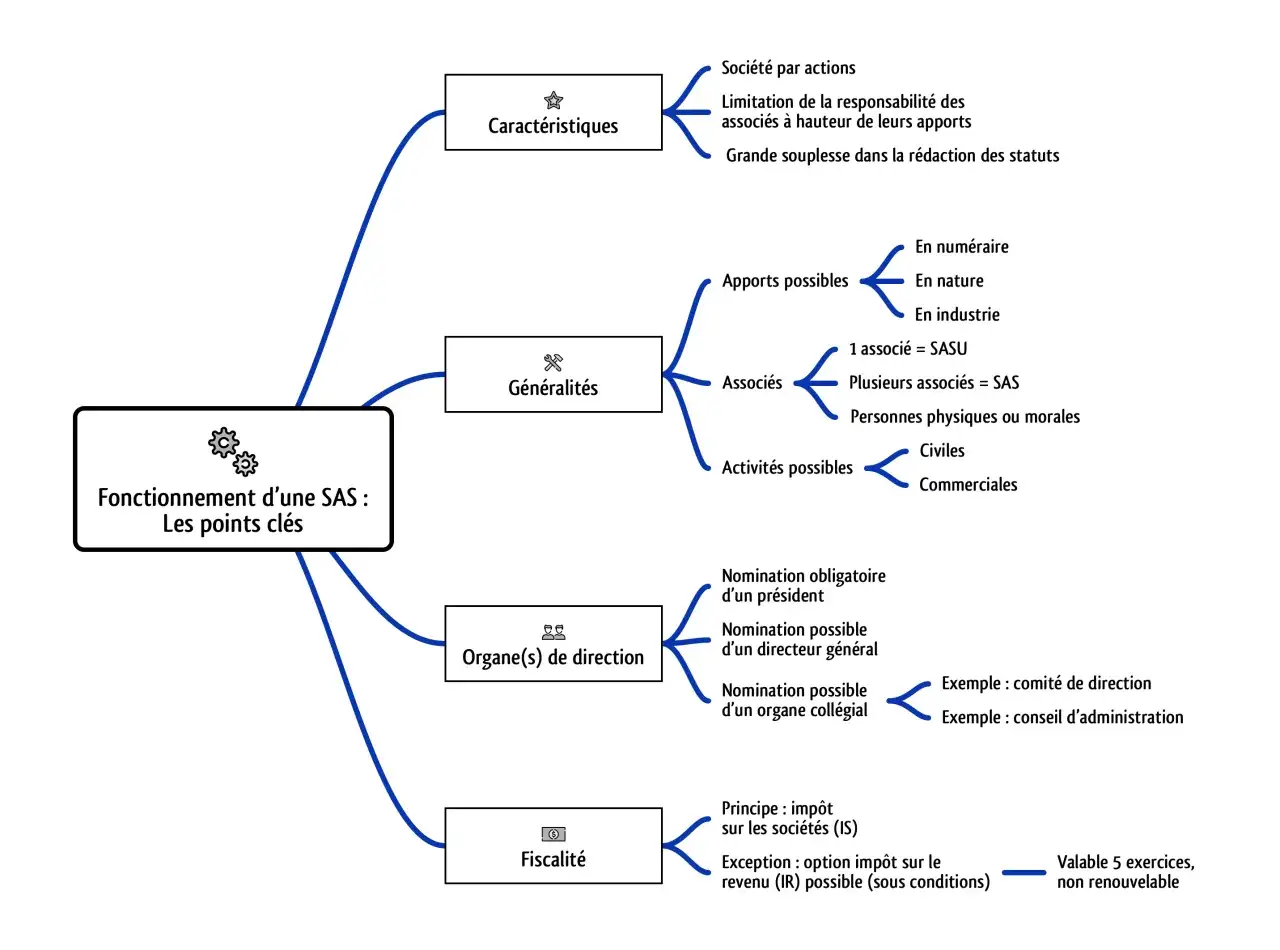 Sch&eacute;ma du fonctionnement d'une SAS : caract&eacute;ristiques, g&eacute;n&eacute;ralit&eacute;s (dont apport en industrie SAS), organes de direction et fiscalit&eacute;.