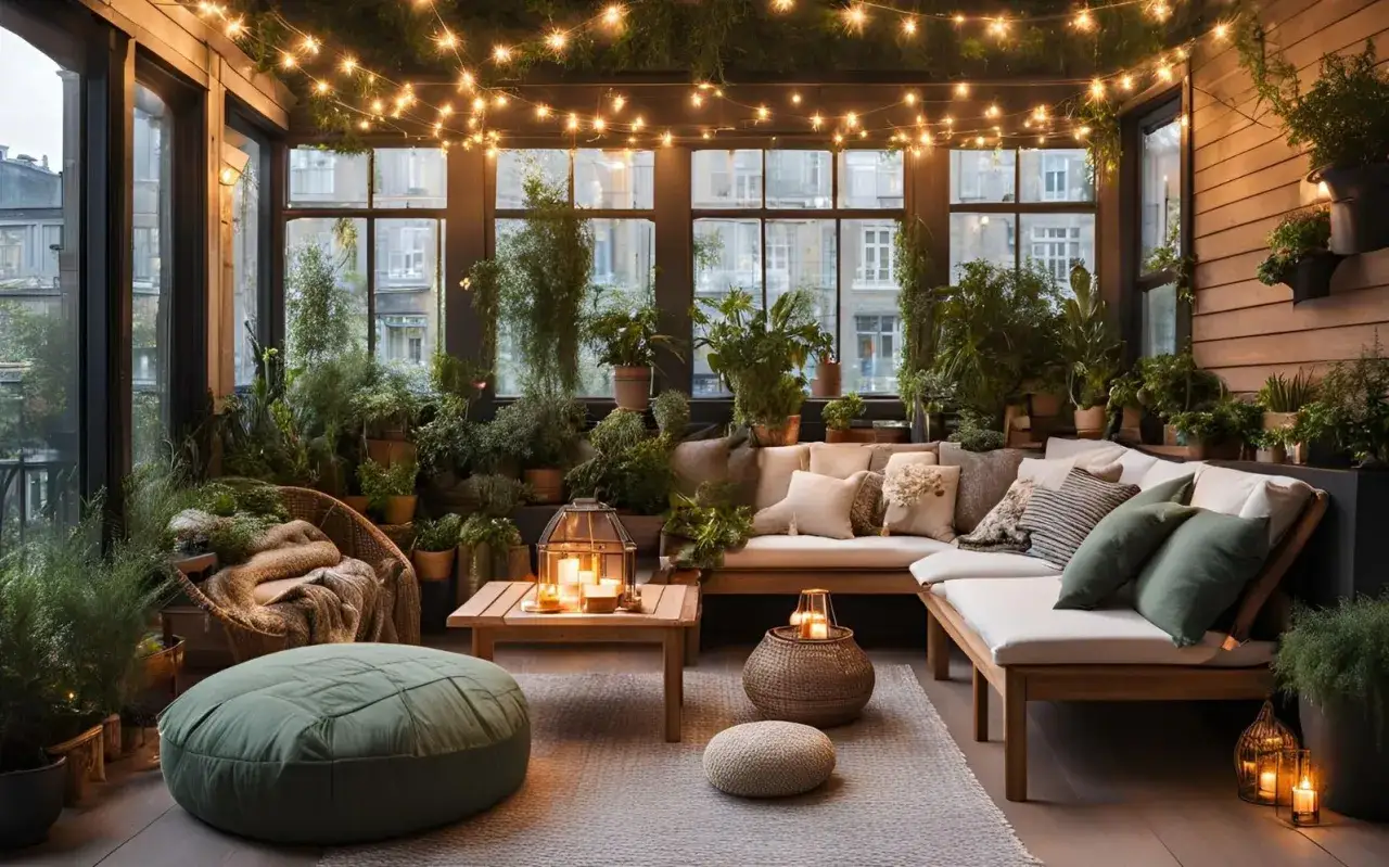 Une **veranda salon cocooning** baign&eacute;e de lumi&egrave;re douce, avec de nombreuses plantes vertes, des coussins moelleux et des guirlandes lumineuses.