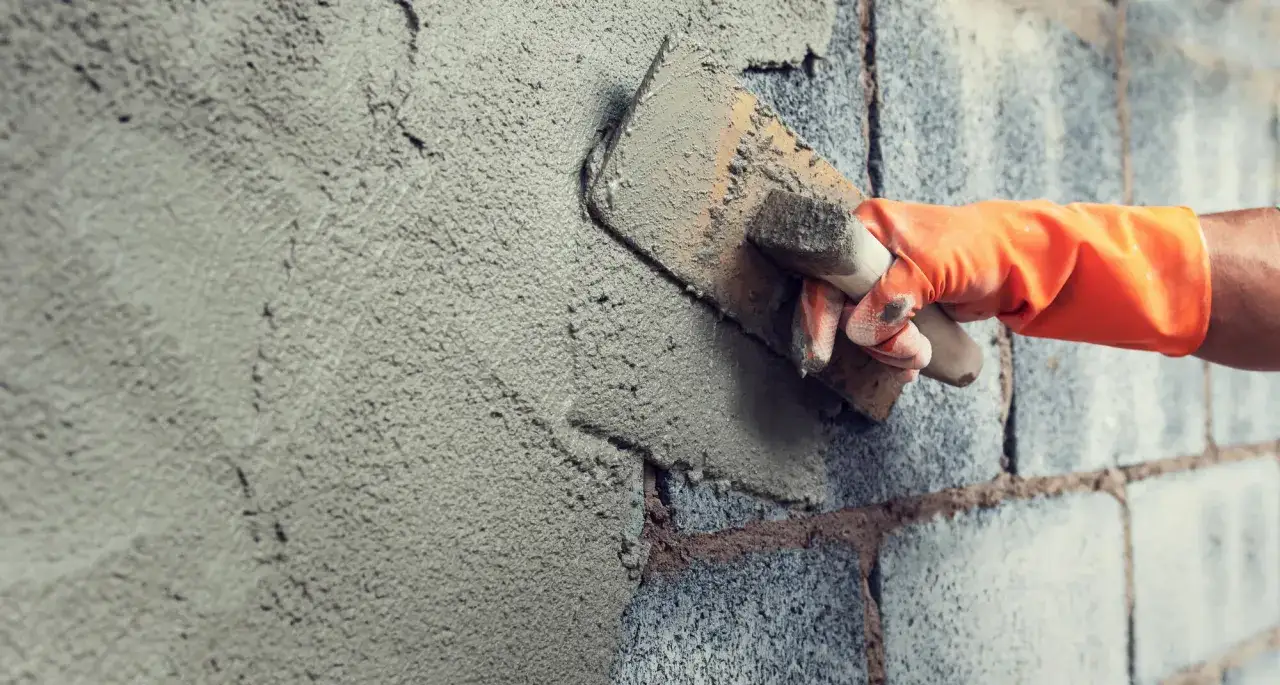 Mano con guanto arancione stende malta da costruzione su un muro di blocchi di cemento con una cazzuola.