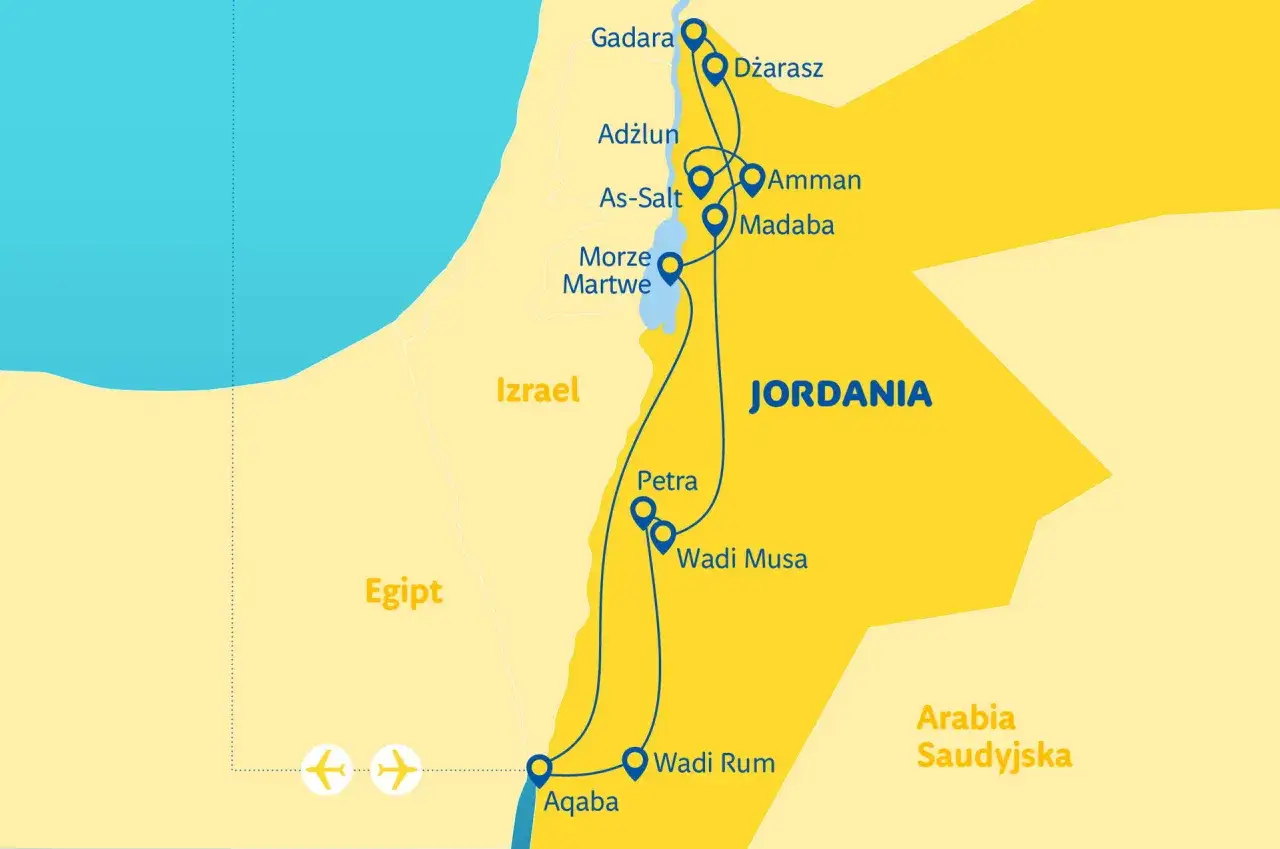 Mapa pokazuje, gdzie leży Jordania, z zaznaczonymi miastami jak Amman, Petra i Wadi Rum, sąsiadującymi z Izraelem i Egiptem.