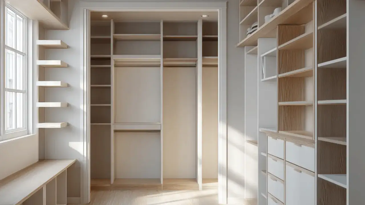 A bright, modern DIY closet organizer with ample shelving and drawers, featuring a window seat and natural wood accents.