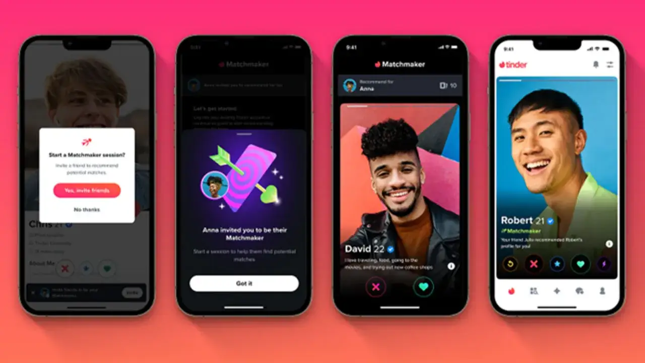 Aplikacja Tinder prezentuje funkcję Matchmaker, gdzie znajomi mogą polecać potencjalne dopasowania. Widzimy profile użytkowników i opcje zapraszania przyjaciół.
