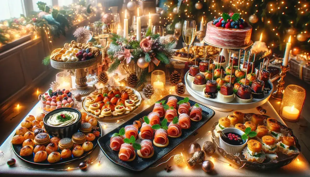 Festliches Buffet mit vielen Leckereien, inspiriert von tollen Buffet Ideen. Kleine H&auml;ppchen, Kuchen und Fr&uuml;chte laden zum Genie&szlig;en ein.