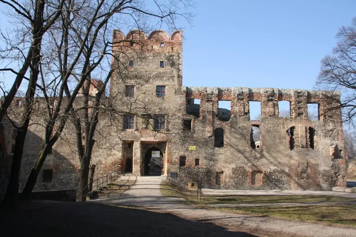 Kamienne mury i wieże zamku w Ząbkowicach Śląskich, częściowo zniszczone, stoją dumnie pod błękitnym niebem.