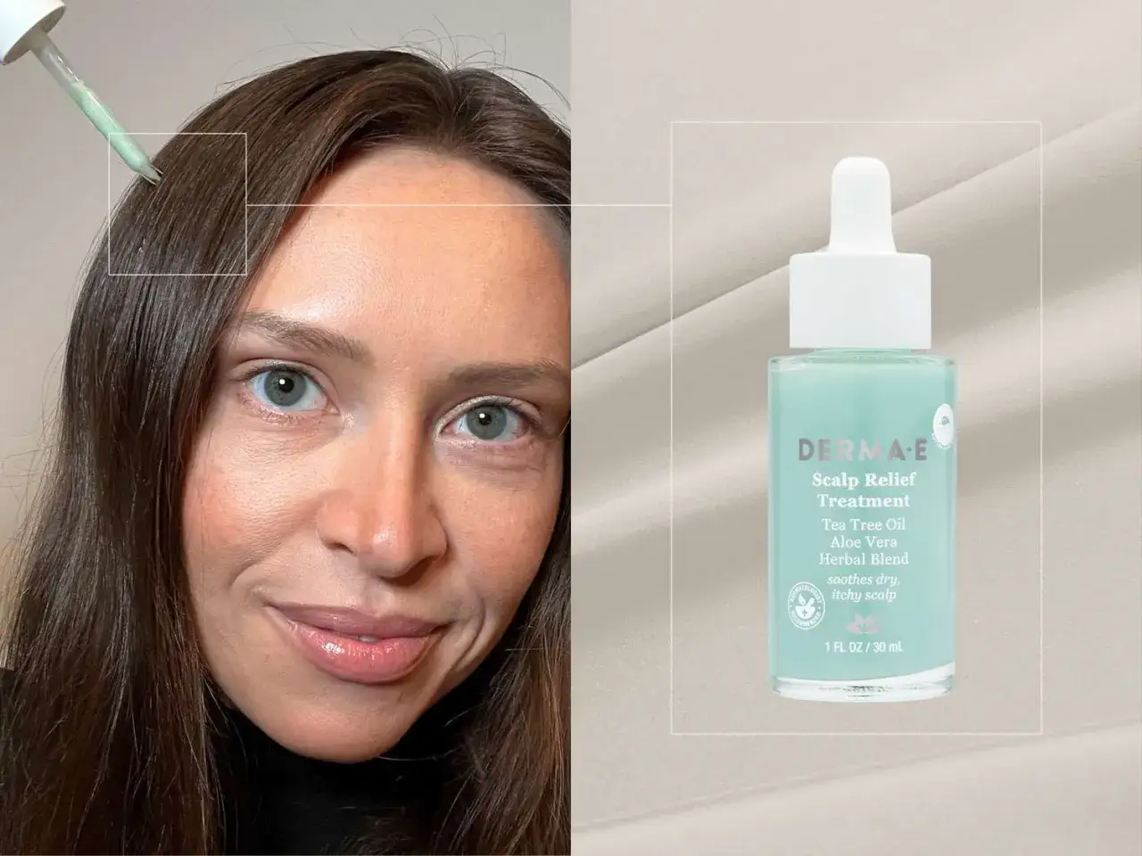 Kobieta stosuje serum na skórę głowy, by ją nawilżyć. Produkt DERMA-E z olejkiem z drzewa herbacianego i aloesem łagodzi suchość i swędzenie.
