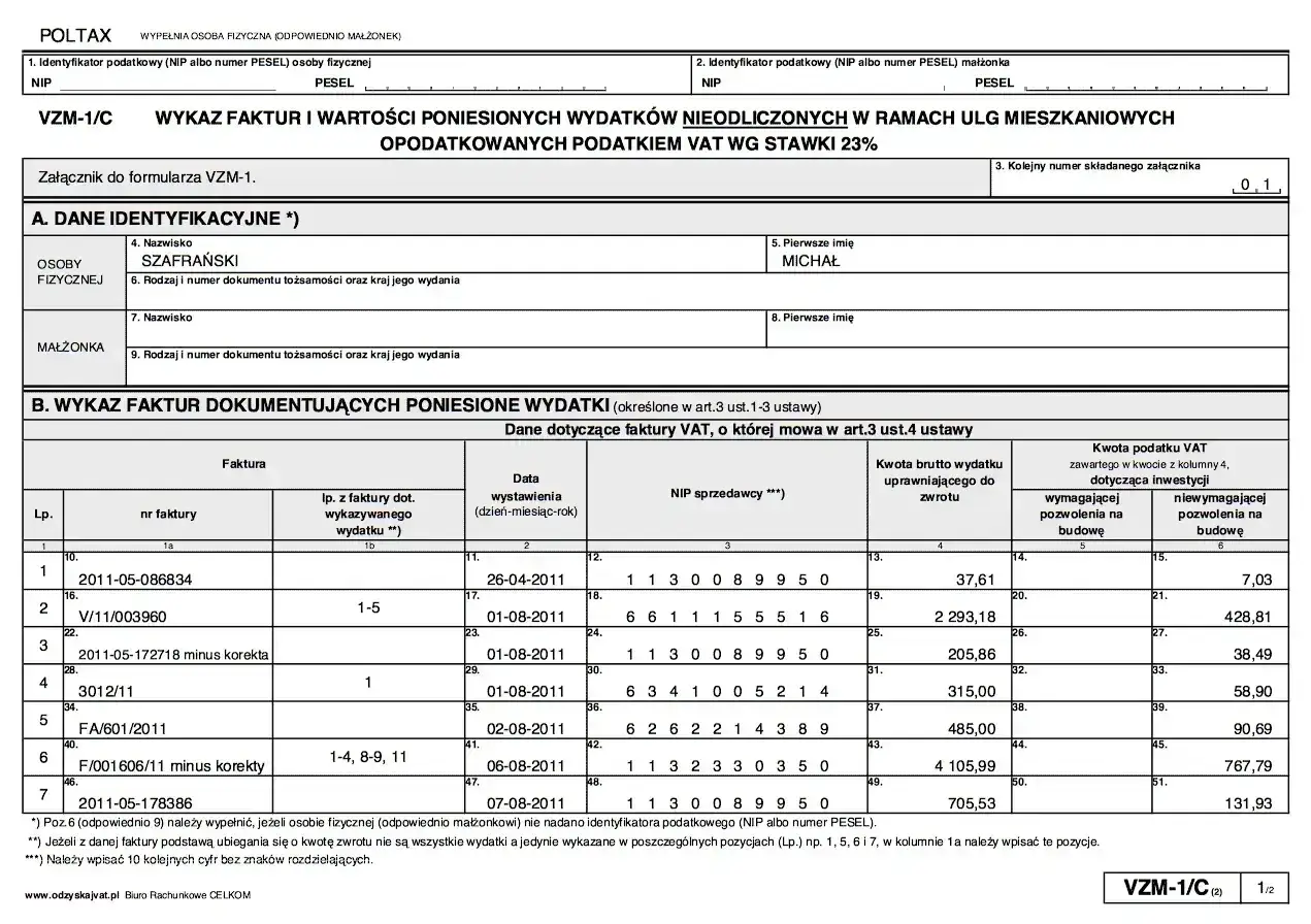 Formularz VZM-1/C, wykaz faktur VAT dokumentujących wydatki na remont mieszkania, kt&oacute;re można odliczyć od podatku.