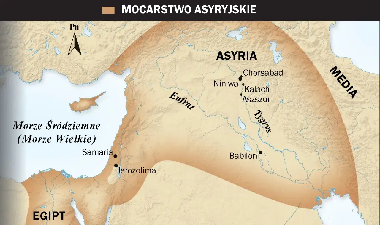 Mapa przedstawia starożytne imperium asyryjskie z zaznaczonymi miastami, w tym Niniwą, oraz rzekami Eufrat i Tygrys.